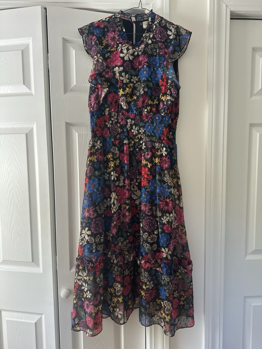Sak’s Floral Midi Dress in Black with Multicolor Blooms